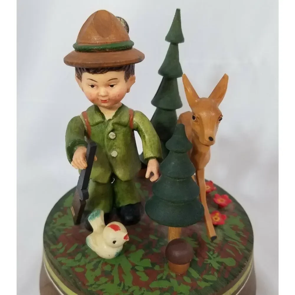 Vtg Anri Little Boy in Woods w/ Deer & Bird Carved Music Box Plays Moulin Rouge